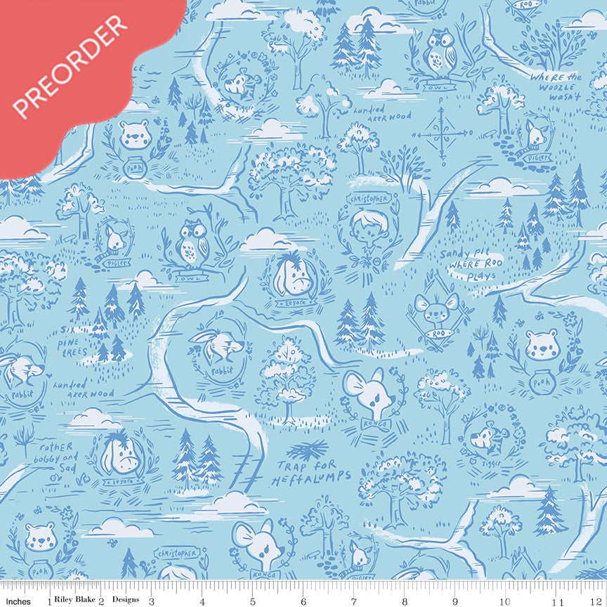 Jill Howarth 100 Aker Woods Map Sky Blue Fabric