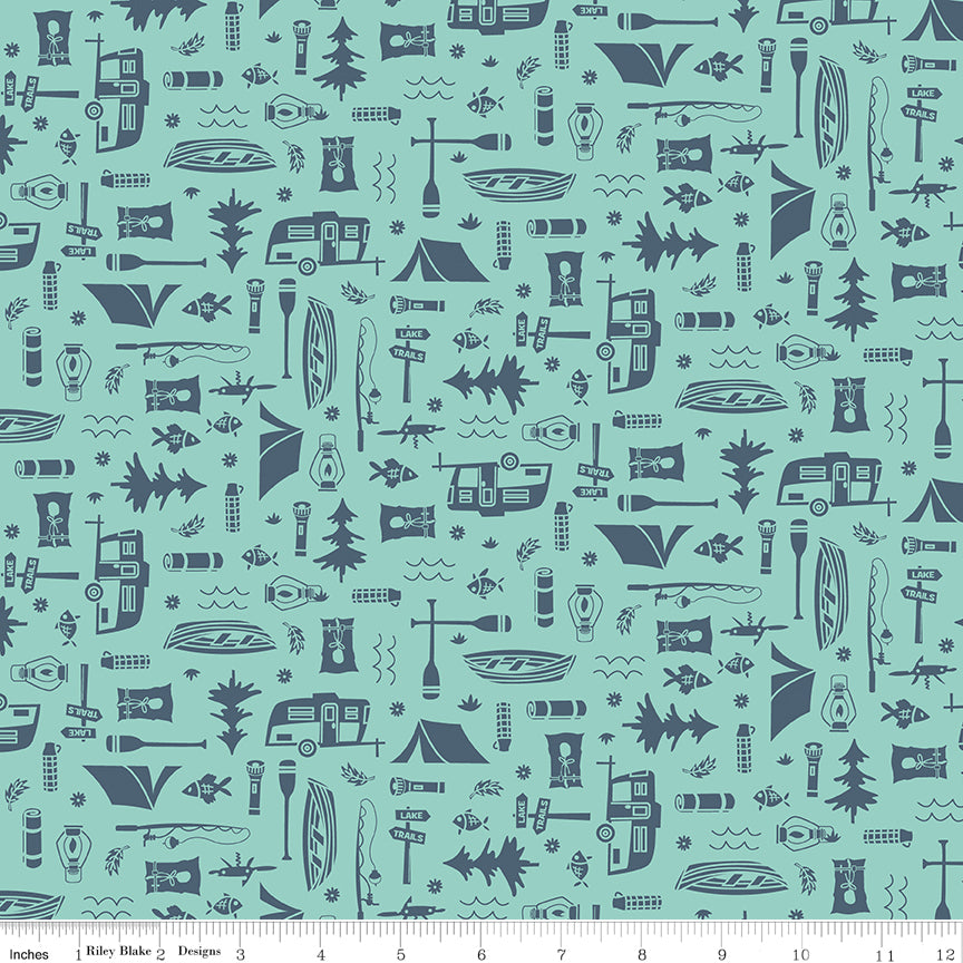 Shawn Wallace Happy Haven Let's Camp Aqua Fabric