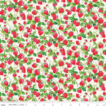 Pattern of red strawberries with green leaves on a white background, featuring a ruler at the bottom.