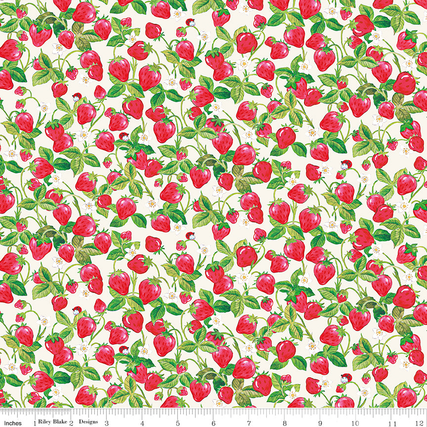 Pattern of red strawberries with green leaves on a white background, featuring a ruler at the bottom.
