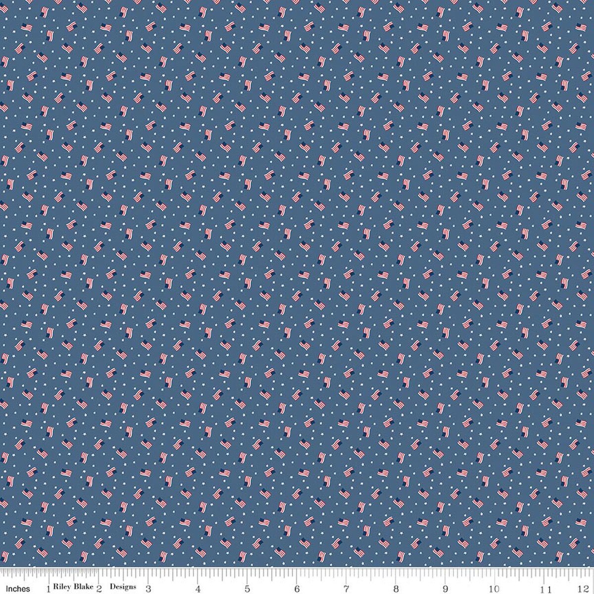 Fabric with small American flag pattern on a blue background