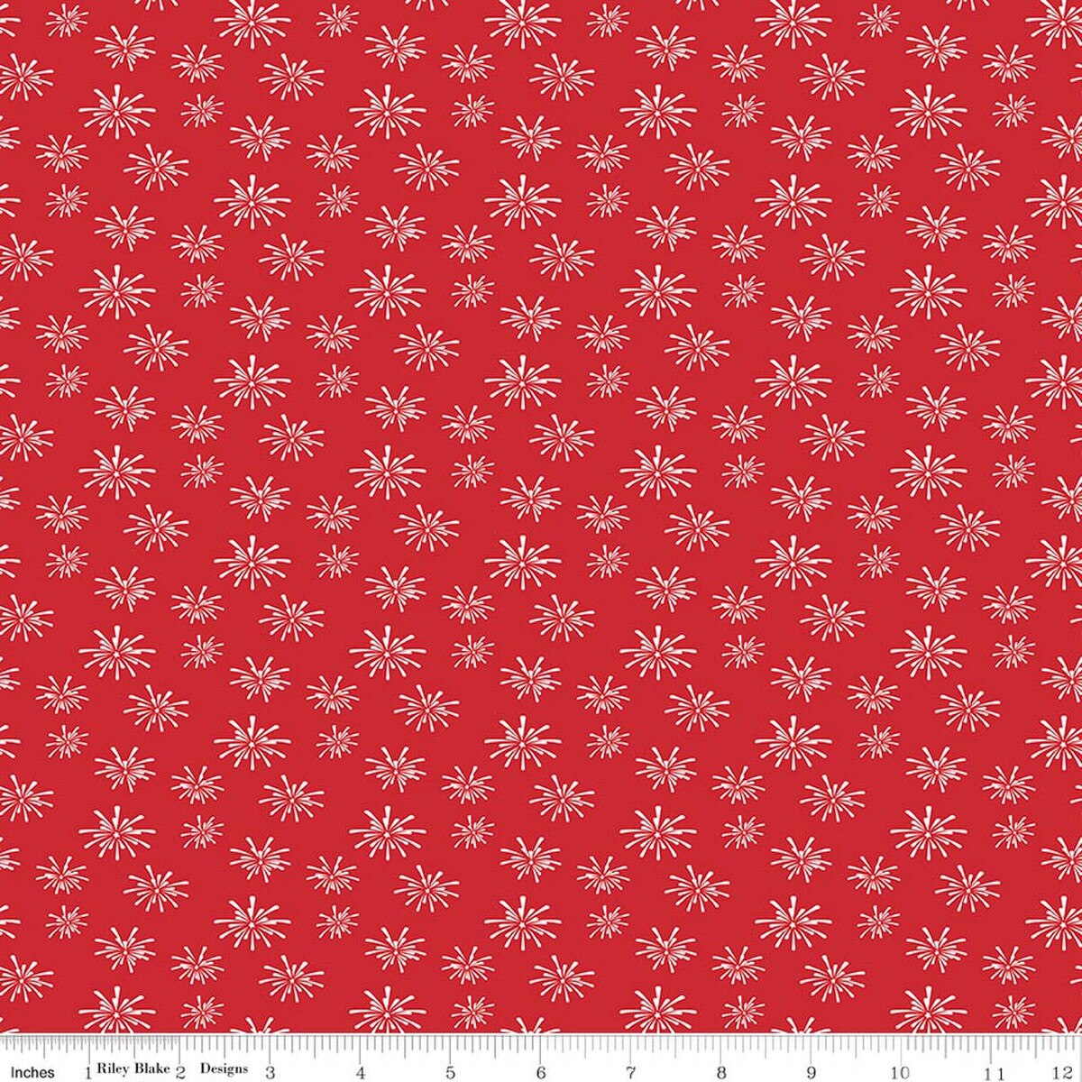 Red fabric with white floral pattern, measured in inches.