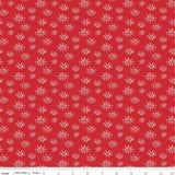 Red fabric with white floral pattern, measured in inches.