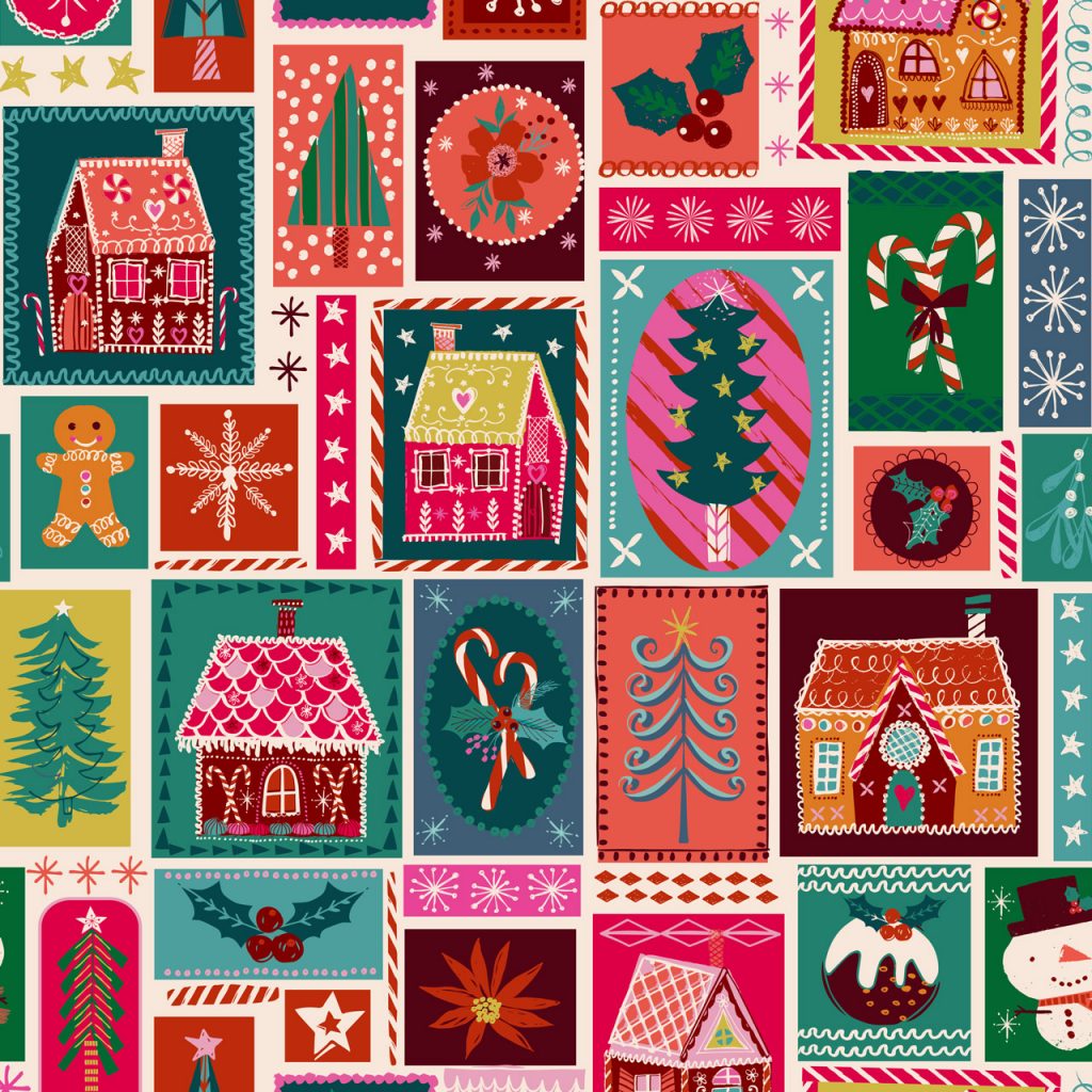 Helen Black Candy Cane Christmas Gingerbread House Collage Fabric