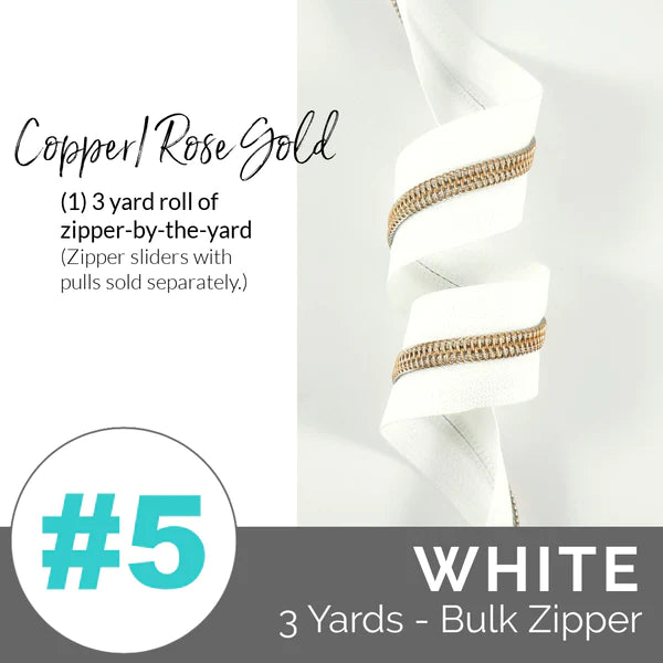 Emmaline Zipper Tape 3 Yards White and Rose Gold Teeth Size #5