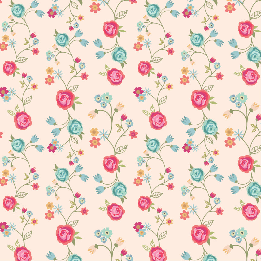 Poppie Cotton Calico Cowgirls Floral & Vines Natural Fabric