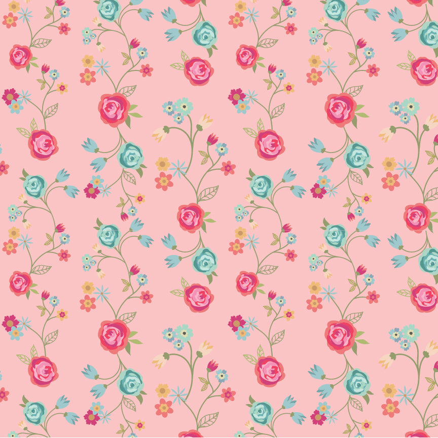 Poppie Cotton Calico Cowgirls Floral & Vines Pink Fabric