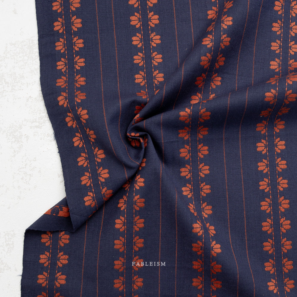 Fine and Dandy Deco Stripe Navy Spice Woven Fabric by Fableism
