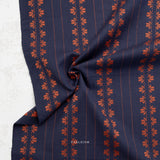 Fine and Dandy Deco Stripe Navy Spice Woven Fabric by Fableism