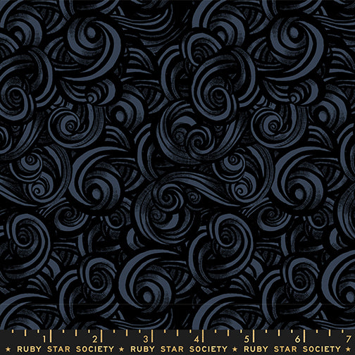 Black swirling pattern fabric with a ruler at the bottom, featuring Ruby Star Society label.