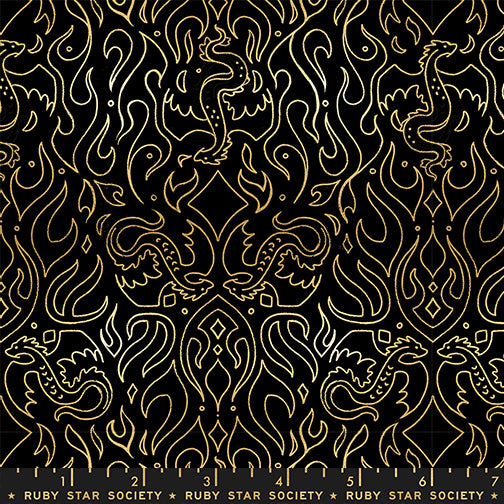 Gold dragon pattern on black fabric by Ruby Star Society
