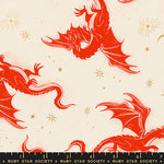 Pattern of red dragons on a beige background with gold stars, featuring Ruby Star Society branding.