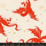 Pattern of red dragons on a beige background with gold stars, featuring Ruby Star Society branding.