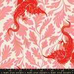 Fabric pattern with red dragons and pink leaves on a beige background, featuring Ruby Star Society label.