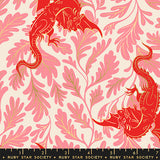 Fabric pattern with red dragons and pink leaves on a beige background, featuring Ruby Star Society label.