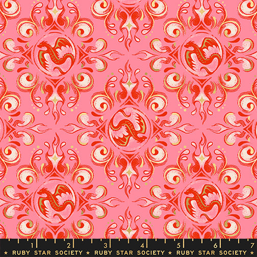 Decorative fabric pattern with red and white designs on a pink background, featuring Ruby Star Society label.