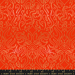 Patterned fabric with white designs on a red background, featuring the Ruby Star Society label.