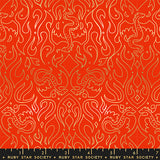 Patterned fabric with white designs on a red background, featuring the Ruby Star Society label.
