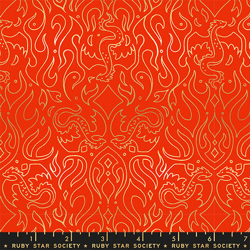 Patterned fabric with white designs on a red background, featuring the Ruby Star Society label.