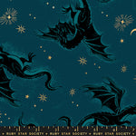 Pattern of dragons and stars on a dark blue background with a Ruby Star Society label.