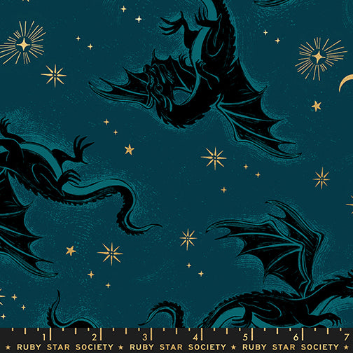 Pattern of dragons and stars on a dark blue background with a Ruby Star Society label.