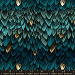 A close-up of a repeating textile pattern showing layered teal and dark blue feather-like scales with small metallic gold accents, plus a ruler strip at the bottom labeled Ruby Star Society.