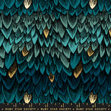 A close-up of a repeating textile pattern showing layered teal and dark blue feather-like scales with small metallic gold accents, plus a ruler strip at the bottom labeled Ruby Star Society.