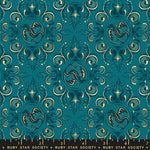 A repeating ornate damask-style pattern in teal blue, cream, and gold, with a ruler strip along the bottom showing Ruby Star Society branding and measurements.