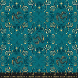 A repeating ornate damask-style pattern in teal blue, cream, and gold, with a ruler strip along the bottom showing Ruby Star Society branding and measurements.