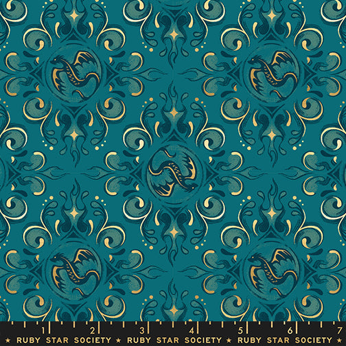 A repeating ornate damask-style pattern in teal blue, cream, and gold, with a ruler strip along the bottom showing Ruby Star Society branding and measurements.