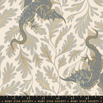 Fabric pattern with dragons and leaves on a beige background, featuring the Ruby Star Society label.