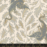 Fabric pattern with dragons and leaves on a beige background, featuring the Ruby Star Society label.