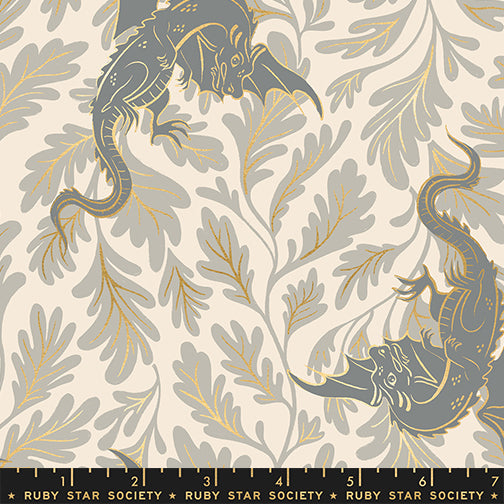 Fabric pattern with dragons and leaves on a beige background, featuring the Ruby Star Society label.