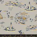 Patterned fabric with illustrated landscapes and buildings on a gray background, featuring the Ruby Star Society label.