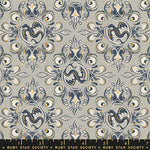Decorative fabric pattern with dragons and swirls on a gray background, featuring Ruby Star Society label.