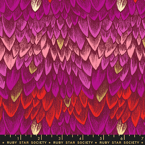 Fabric with pink and red scalloped pattern, Ruby Star Society label at the bottom.