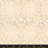 Gold patterned fabric with 'Ruby Star Society' label on a beige background