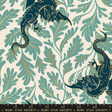 Patterned fabric with dragons and leaves on a beige background, featuring the Ruby Star Society label.