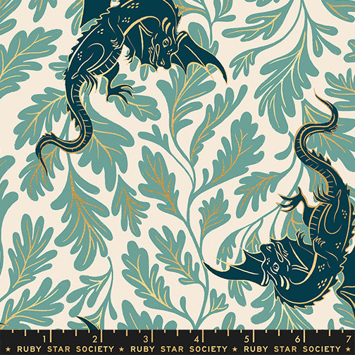 Patterned fabric with dragons and leaves on a beige background, featuring the Ruby Star Society label.