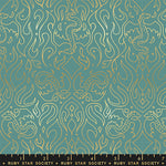 Patterned fabric with gold designs on a teal background, featuring Ruby Star Society label.