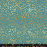 Patterned fabric with gold designs on a teal background, featuring Ruby Star Society label.