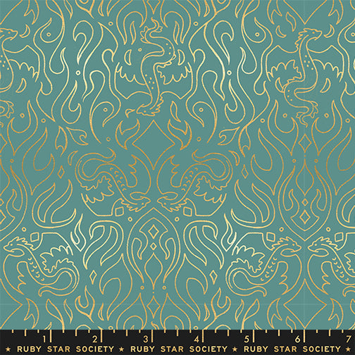 Patterned fabric with gold designs on a teal background, featuring Ruby Star Society label.