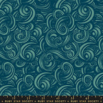 Patterned fabric with swirling designs in teal on a blue background, featuring Ruby Star Society label.