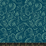 Patterned fabric with swirling designs in teal on a blue background, featuring Ruby Star Society label.
