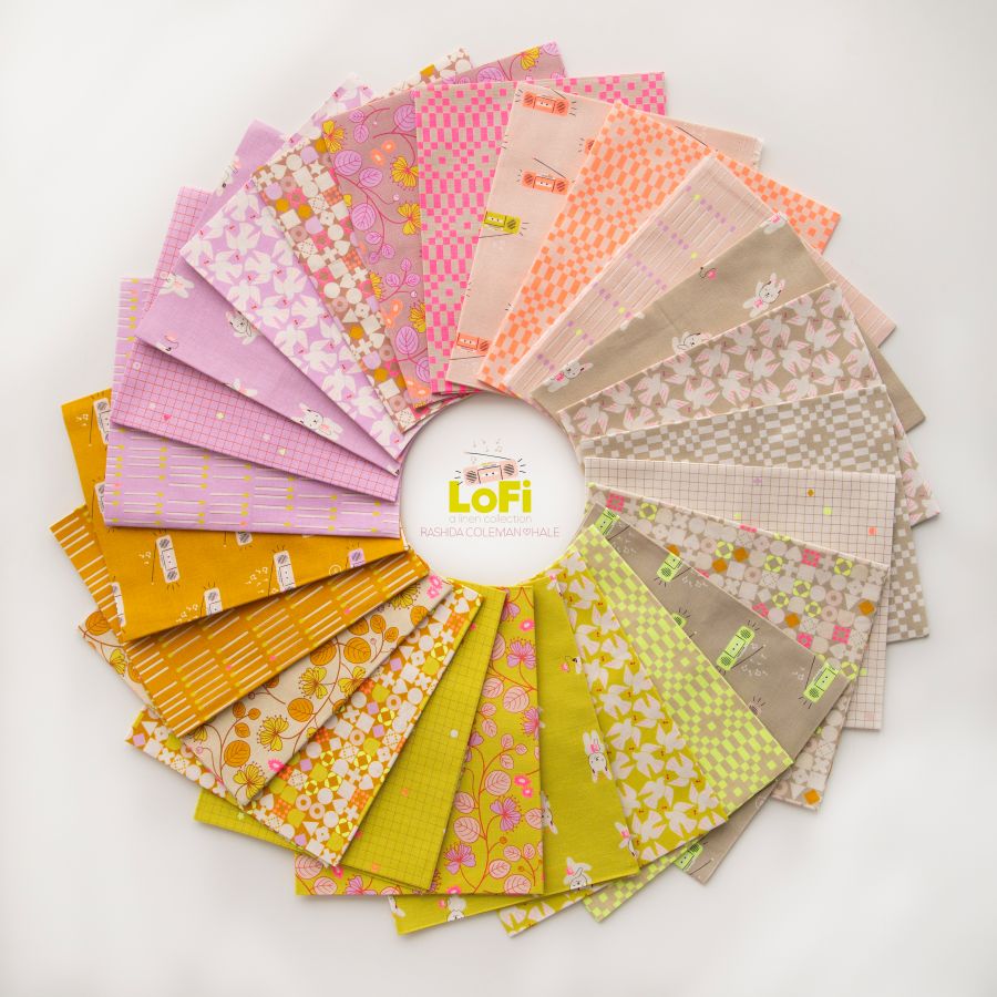 Collection of colorful fabric swatches arranged in a circular pattern on a white background, with 'LoFi' branding.
