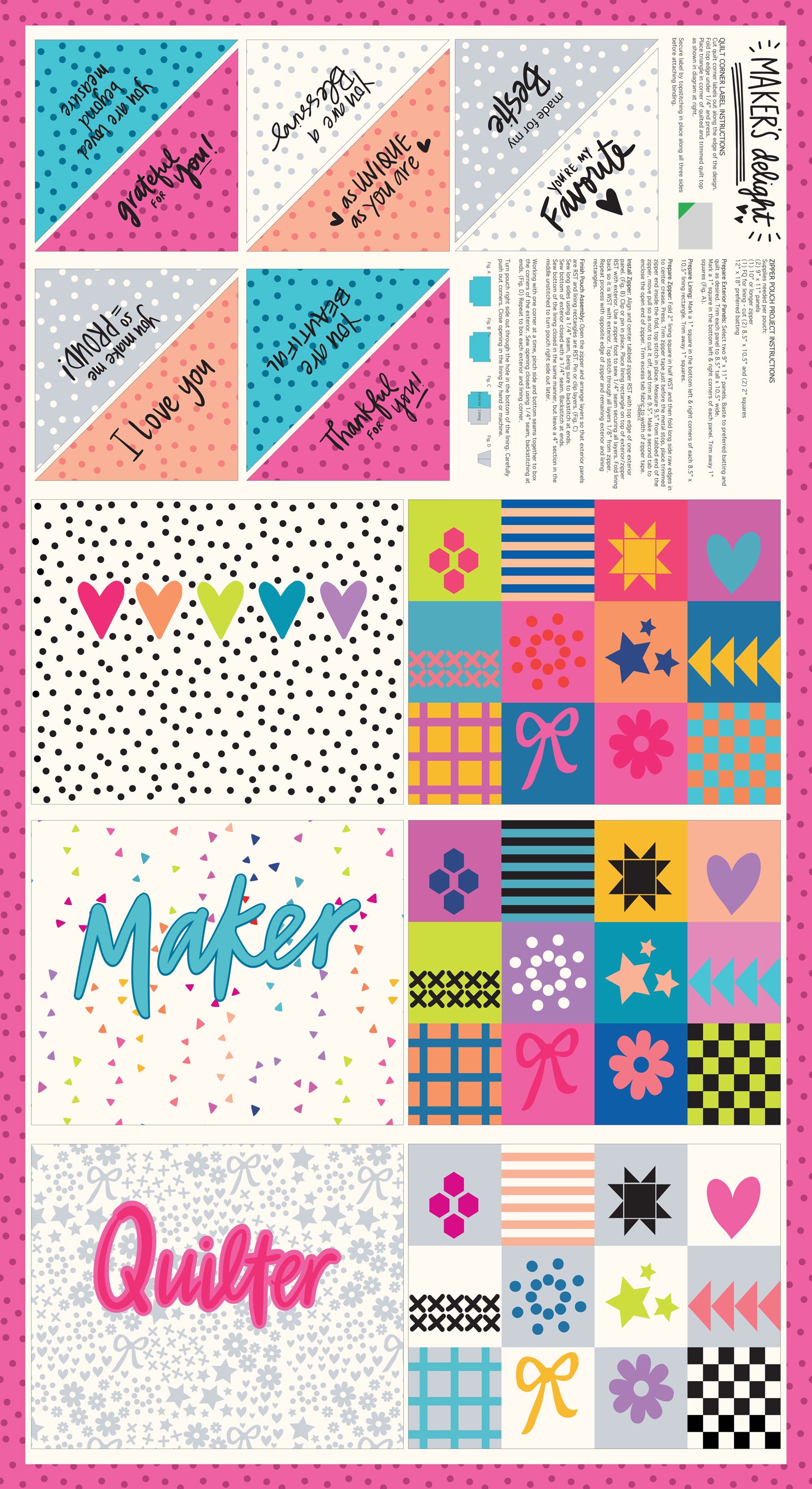 Colorful quilt with geometric patterns and text on a pink border