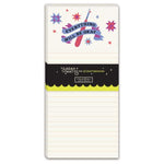 A vertical notepad with lined pages, featuring a cream top section with a colorful ribbon and stars reading 'Everything Will Be Okay,' a black middle band with the brand name Sarah Watts for Crafted Moon, and a bright yellow scalloped divider line.
