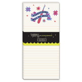 A vertical notepad with lined pages, featuring a cream top section with a colorful ribbon and stars reading 'Everything Will Be Okay,' a black middle band with the brand name Sarah Watts for Crafted Moon, and a bright yellow scalloped divider line.