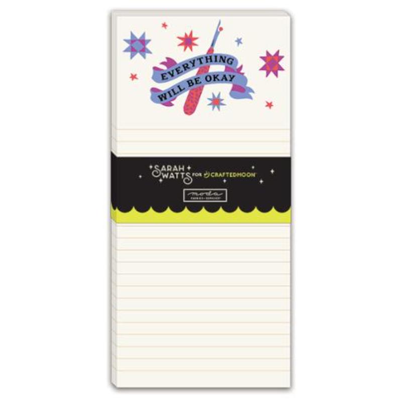 A vertical notepad with lined pages, featuring a cream top section with a colorful ribbon and stars reading 'Everything Will Be Okay,' a black middle band with the brand name Sarah Watts for Crafted Moon, and a bright yellow scalloped divider line.
