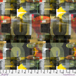 Abstract pattern with geometric shapes in black, yellow, red, and gray on a white background.